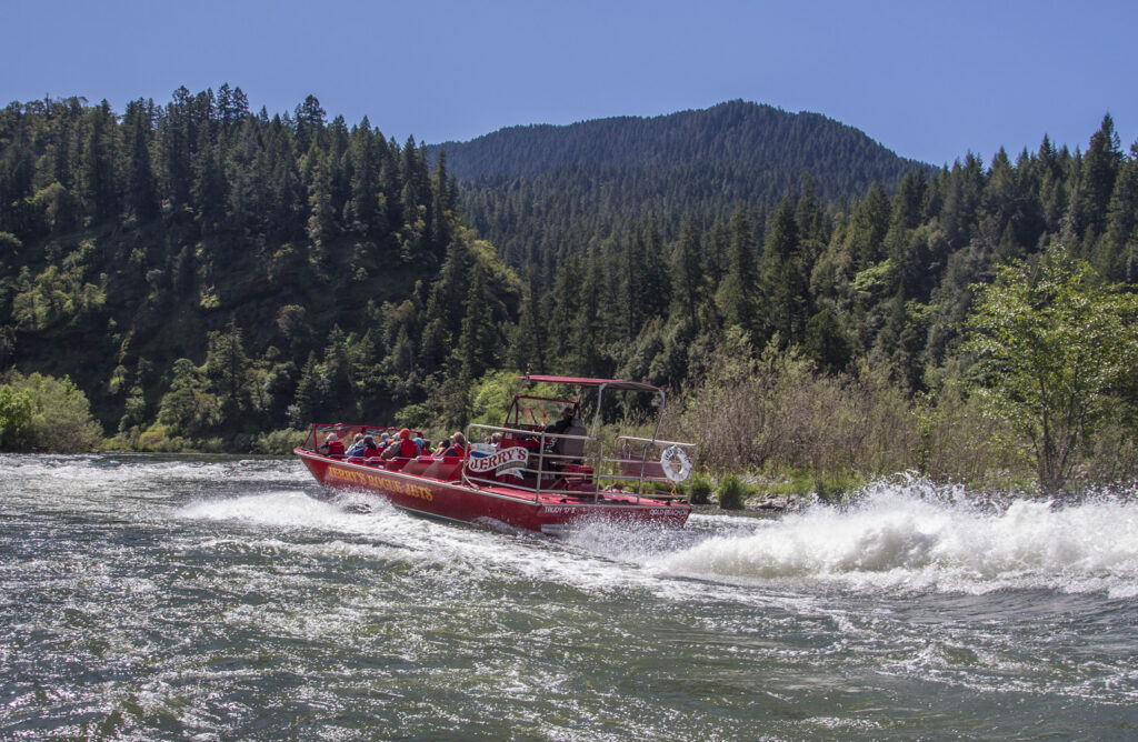 Aerial view of a wild river flowing through forested canyon with guided jet boat tour